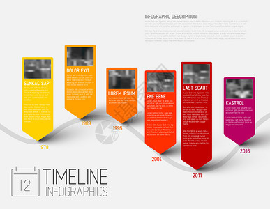 具有最大里程碑照片年份和描述的彩色印地刷时间报告模板背景图片