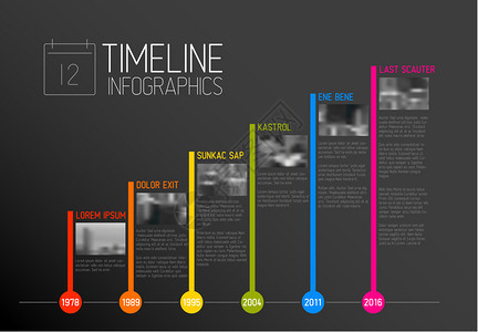具有最大里程碑照片年份和描述的矢量多彩Infographic印刷时间报告模板暗版背景图片