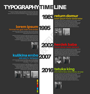 时间线具有最大里程碑照片年份和描述的矢量印刷时间报告模板深背景版本插画