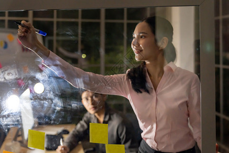 年轻成的亚洲商人和女晚在办公室用台式计算机白板开会作为辛勤工和迟到的概念图片