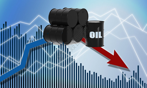 几桶石油和一张红图下降石油价格概念3D图片