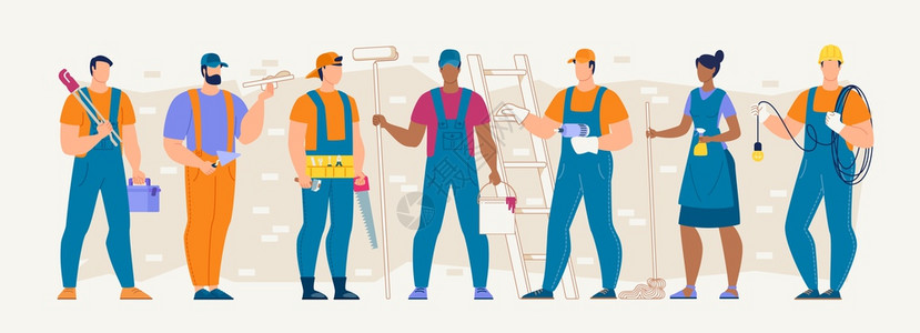 建筑行业专和劳动力队伍不同专业男女工人在用手的作具和设备排队统一站立的状态图片