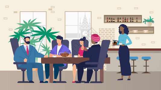 聚会时有商业午餐的国际小组坐在咖啡或茶厅桌旁的多种族人民谈论讨重要议题服务女员小组Vector卡通说明开会时有商业午餐的国际小组图片