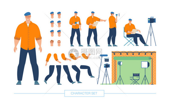 电影导演作家角色建构者TrendyFlat矢量分离设计要素集图片