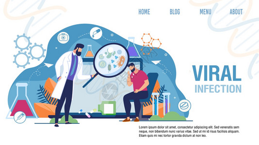 医疗感染治着陆卡通男子患者咳嗽Loupe检查人造微生物的男医远程疗和在线服务病媒说明医疗毒感染治着陆医学感染治疗图片