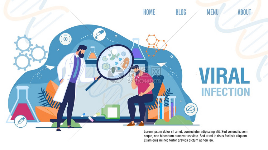 医疗感染治着陆卡通男子患者咳嗽Loupe检查人造微生物的男医远程疗和在线服务病媒说明医疗毒感染治着陆医学感染治疗图片
