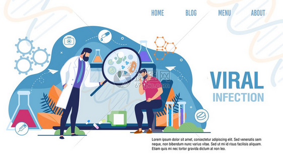 医疗感染治着陆卡通男子患者咳嗽Loupe检查人造微生物的男医远程疗和在线服务病媒说明医疗毒感染治着陆医学感染治疗图片