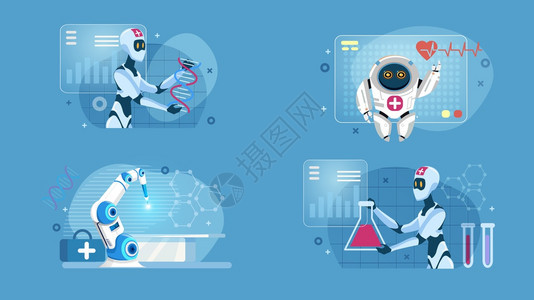 智能机器人造医疗平台进行外科手术检查心跳和进行实验室DNA测试未来医学AITechnology矢量卡通说明智能机器人工医学图片