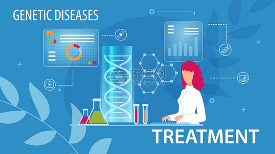 平板医学海报从事实验室研究的卡通女科学家键盘打字基因治疗确定疾病易发媒说明遗传疾病治疗平板医学海报图片