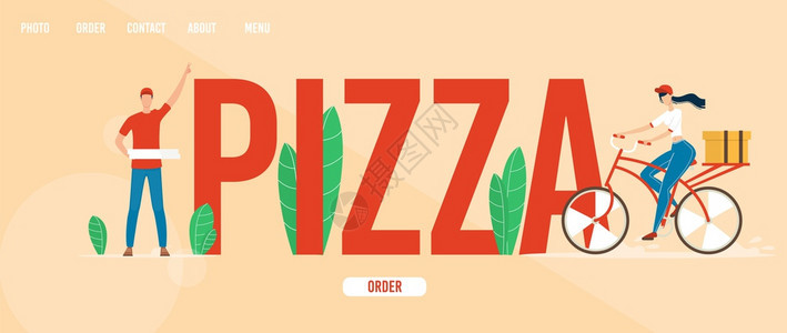 PizzeriaFastFood餐馆或CafeTrendyFlatVictorWebBanner搭载运送人持有披萨盒的落地页面模背景图片