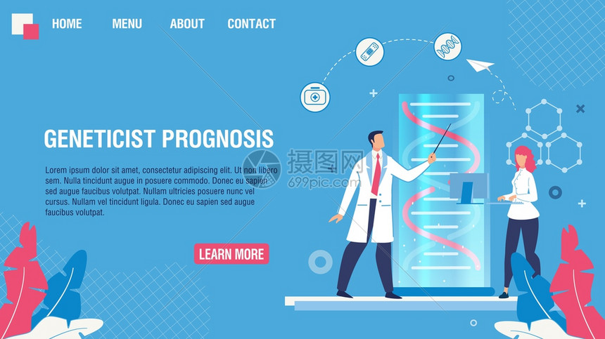 平板设计着陆页面布局提供遗传学预测服务个人先入为主的遗传病诊断疾研究和测试媒卡通医学研究人员说明着陆页面提供遗传学预测服务图片