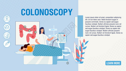 平板着陆页提供科洛诺复印程序诊所实验室的卡通病人和医生肠道疾病筛查医院的预防和治疗病媒室内健康说明背景图片