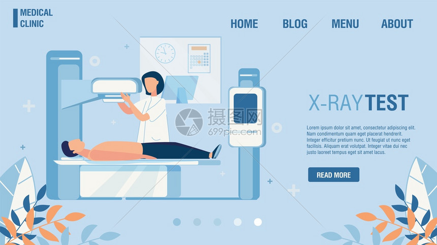 医疗诊所平板着陆页面提供X光测试在线固定预约放射设备检查病人卡通医生放射室内部设计矢量说明图片