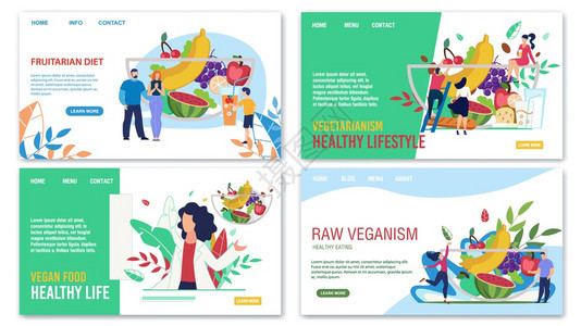 健康饮食水果植物主义RawVeganismVeganism食品广告TrendyFlat登陆页面在线咨询和菜单选择服务矢量卡通说明图片