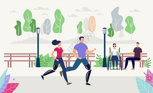 残疾人身体康复健的生活方式和娱乐趋势平坦的病媒概念残疾人和妇女有假肢的人在跑步公园慢说明图片