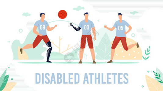 残疾人AthleteTrendyFlatVictorBantBanner海报模板受伤运动员篮球手队员腿截肢者玩球和用现代机器人假图片