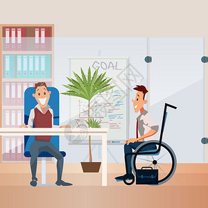 残疾人就业趋势平板病媒概念公司人力资源经理老板与轮椅空缺候选人交谈在办公室与申请人进行工作面试图片