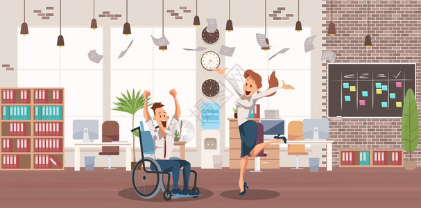 残疾人成功商业职者趋势平板矢量概念快乐在轮椅上兴奋的人欢呼乐庆祝与办公室女同事合作的成就图片