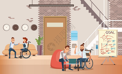 残疾人自我实现和就业机会趋势与轮椅人在一起的残疾自我实现和就业机会趋势扁矢量概念残疾人公司雇员与同事一起工作办公室图片