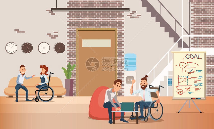 残疾人自我实现和就业机会趋势与轮椅人在一起的残疾自我实现和就业机会趋势扁矢量概念残疾人公司雇员与同事一起工作办公室图片