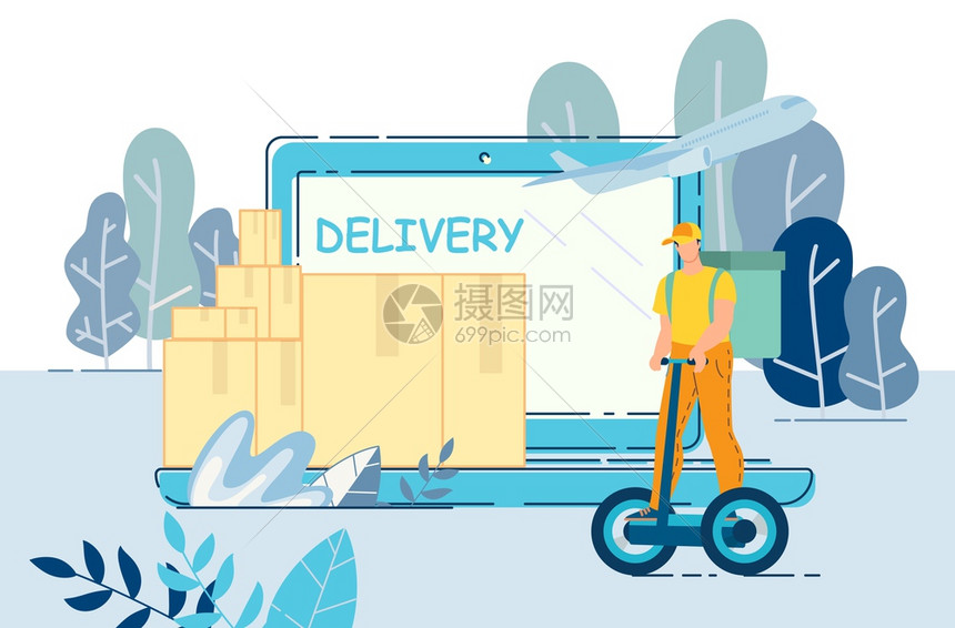 由生态运输在线服务广告提供由Courier骑着Hoverboard与食品篮子一起运行ParcelsStack站在大型膝上电脑由飞图片
