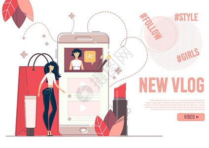 社会媒体网络上订阅流行风格博客的年轻女影响营销时装广告背景图片