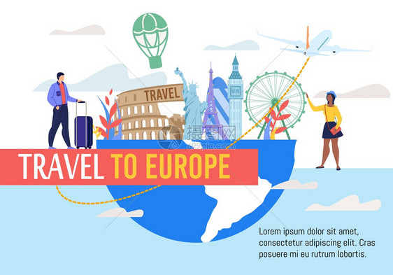 前往欧洲旅行著名的游吸引探索趋势广告促销者宣传海报图片
