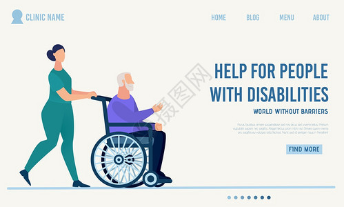 向残疾人提供临床着陆页帮助向残疾人提供合格和专业医疗支持援助护士用轮椅载着老奶头男的轮椅矢量说明为残疾人提供临床着陆页帮助图片