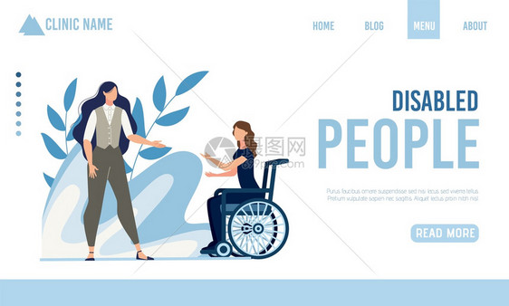 向残疾人提供着陆页帮助轮椅上的卡通妇女与正式诉讼的士交谈招聘过程康复和通信矢量平方说明着陆页向残疾人提供帮助图片