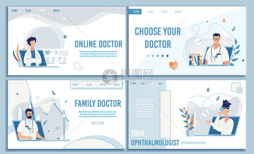 免费医疗专家业远程医疗和保健矢量卡通设计说明在线医疗咨询平板着陆网页集图片