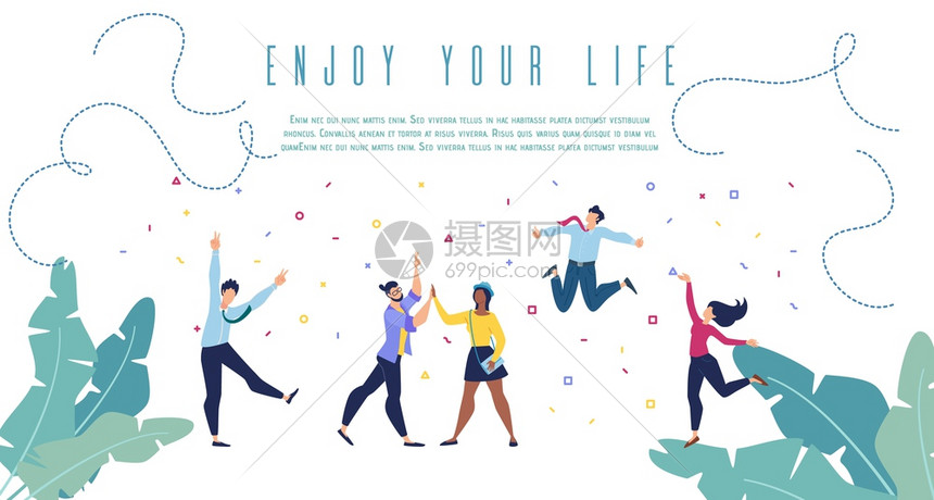 享受你的生活积极思考成功人们平矢量班纳海报模板与快乐兴奋的跨国青年女男共舞跳跃乐趣插图图片