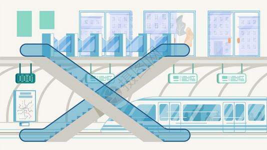 城市公共交通基础设施大都会快速过境系统平压矢量地下铁路站入口配有图纳节电车和铁路高速列图片
