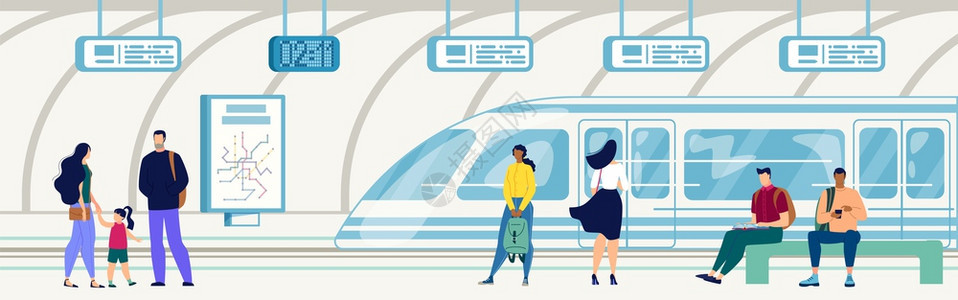 现代大都会公共交通系统要素城市乘客运输平向量人坐在法官席地铁或下路站等待火车图片