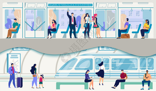男女公民乘客或旅游者等待地铁列车图图片