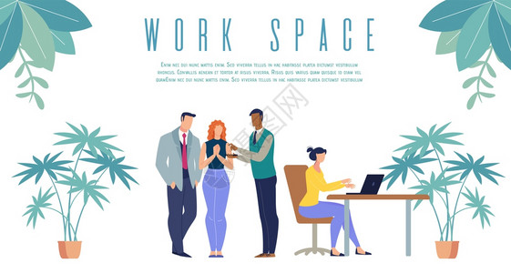 舒适的商业工作空间现代公司办室平板向导班纳与公司多国雇员团队一起在办公室工作的海报模板老与工人交谈说明图片