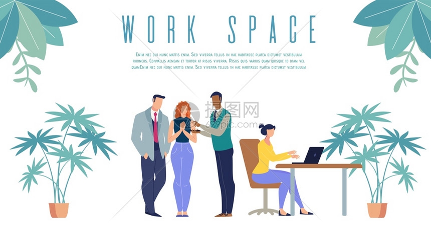 舒适的商业工作空间现代公司办室平板向导班纳与公司多国雇员团队一起在办公室工作的海报模板老与工人交谈说明图片