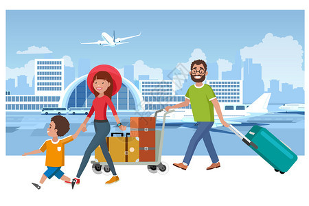 快乐家庭携带行李登机插画图片