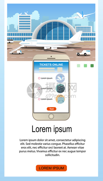 在电话屏幕上与航空服务公司在电话屏幕上同航空服务公司一道预订航班移动应用卡通矢量垂直网络封条机场的航空班说明图片