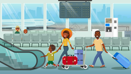 家庭离开或抵达机场的卡通矢量概念由有小孩的非裔美国人父母携带行李步到机场的电车站图片