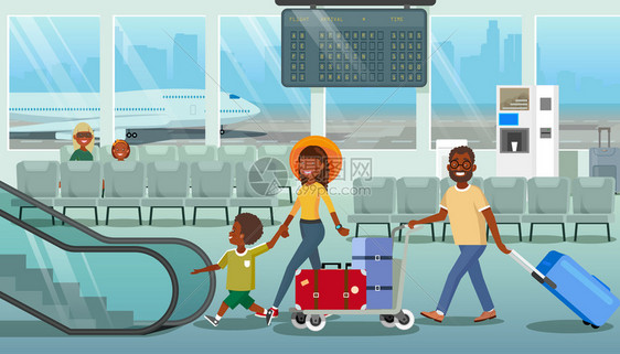 家庭离开或抵达机场的卡通矢量概念由有小孩的非裔美国人父母携带行李步到机场的电车站图片