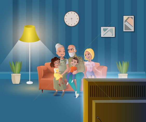 卡通幸福一家人在客厅看电视图片