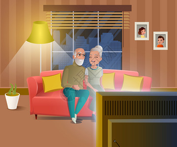 时光请慢点快乐的老卡通病媒概念与在家一起微笑的老年夫妇一起共度时光观看晚间电视节目同时坐在CozyLivingRoomI的Sofa上请说明插画