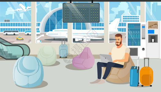 特里普游自由兰人舒适地工作在机场娱乐区等候室或休息等待飞机行后放松机场吸引卡通矢量图片