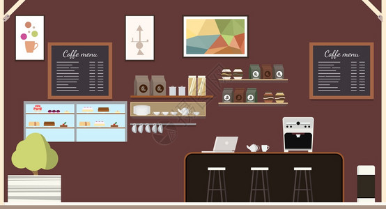 现代咖啡厅室内设计在律师柜台配备计算机的空特伦迪咖啡厅由笔记本电脑提供休息和工作的免费游客舒适场所扁卡通矢量说明现代咖啡厅室内设图片