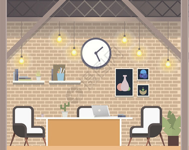 现代自由合作工场所Loft风格创意自由公司带有砖墙的Cozy开放空间办公室设计自由职业者共享工作区平板卡通矢量说明图片