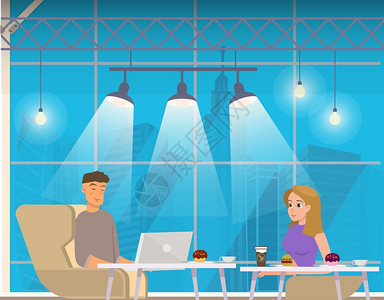 有笔记本电脑的免费夫妇合用咖啡共同工作现代工作场所在开放空间以餐桌交谈吃饭饮酒和在计算机工作为特点的免费夫妇共同工作的咖啡图片