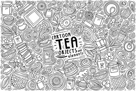 矢量手绘制了一组茶主题项目对象和符号的涂鸦漫画矢量组茶主题项目对象和符号图片