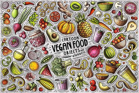 多彩矢量手工绘制的维冈食物主题品体和符号的涂鸦漫画集维冈食物主题品体和符号的矢量数据集图片