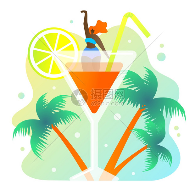鸡尾酒派对海报女孩在棕榈树和海面上跳舞图片