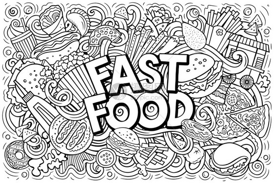 Fastfood手画卡通涂鸦图解快餐有趣的物品和元素海报设计创意艺术背景线条矢量横幅快餐手画卡通涂鸦图解多彩矢量横幅图片